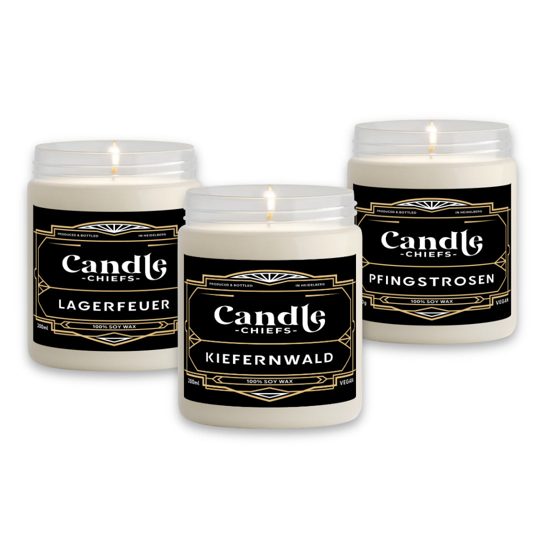 3er Set - Duftkerze - Lagerfeuer / Kiefernwald / Pfingstrosen