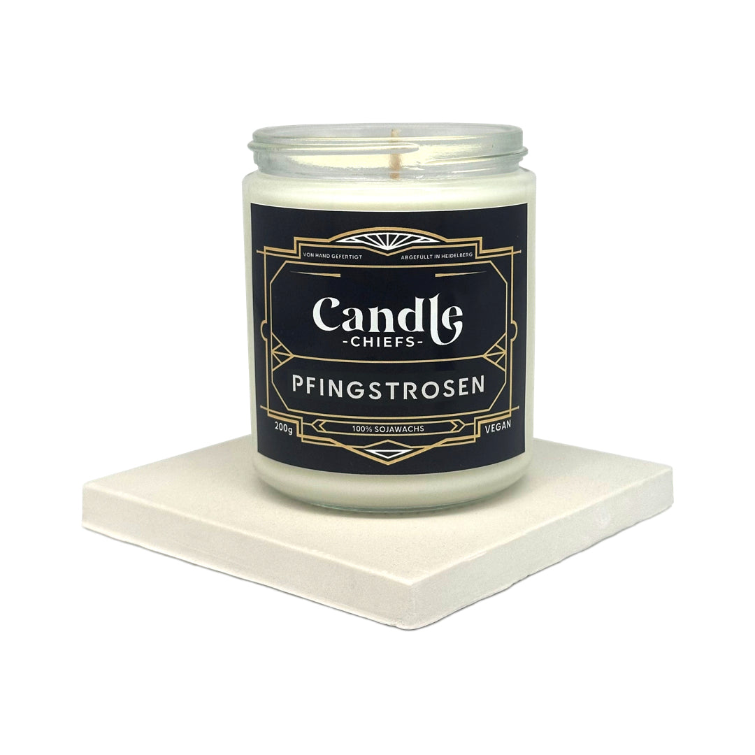 Geschenkset „Pfingstrosen“ – Duftkerze mit Fliese